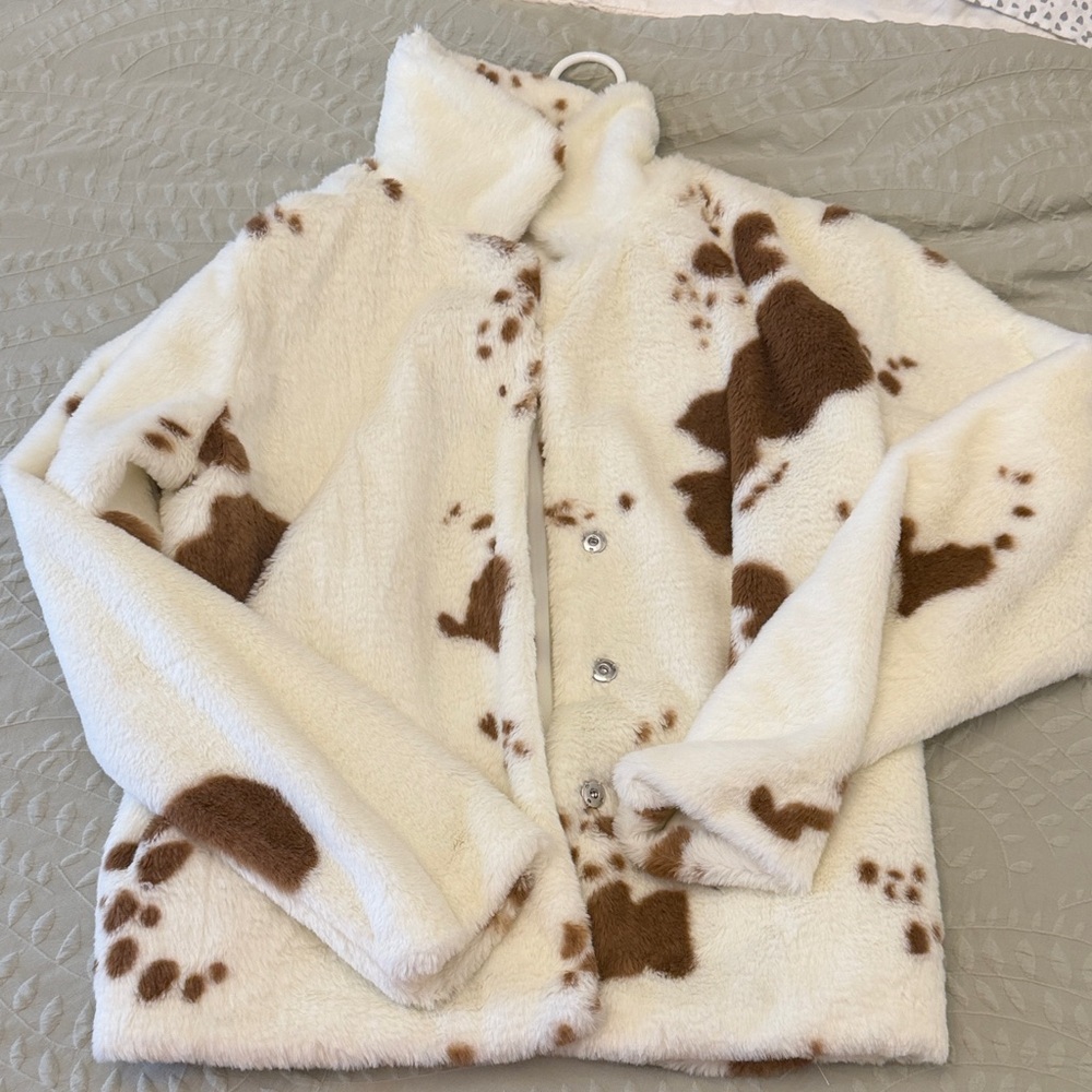 Womens Faux Fur Jacket - Cream and Brown